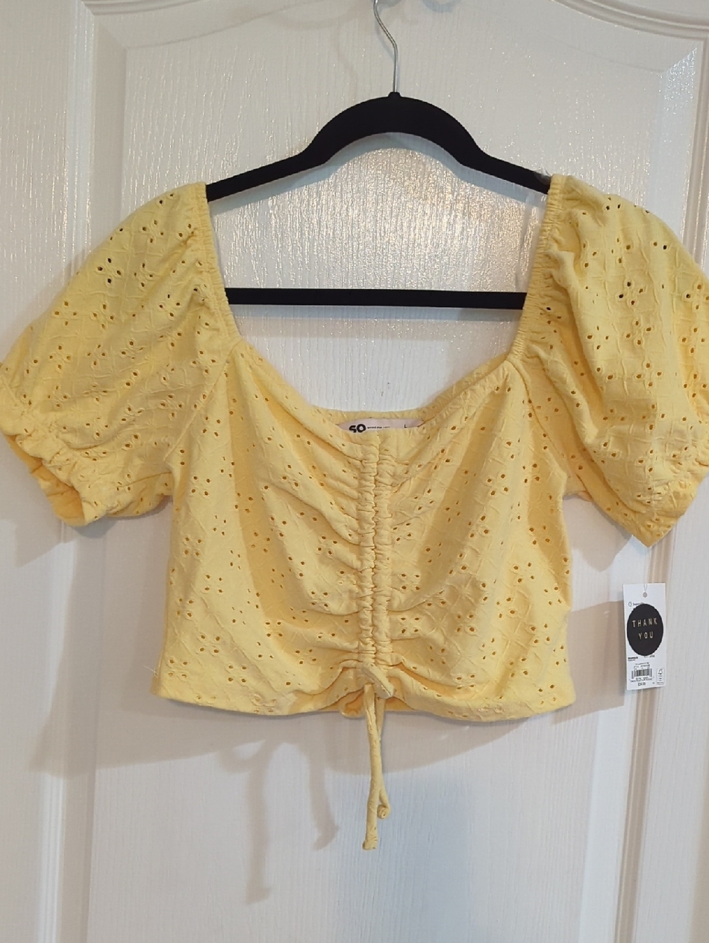 SO Yellow Eyelet Ruched Front Puff Sleeve Crop Top